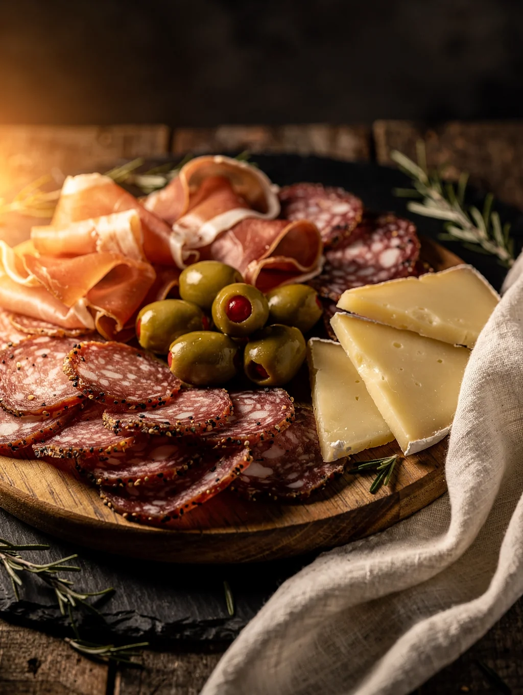 Selection of cured meats and aged cheeses with olives