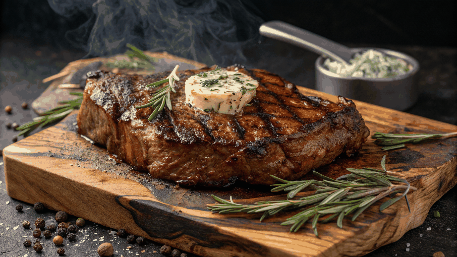 Grilled porterhouse steak sliced on a wooden board