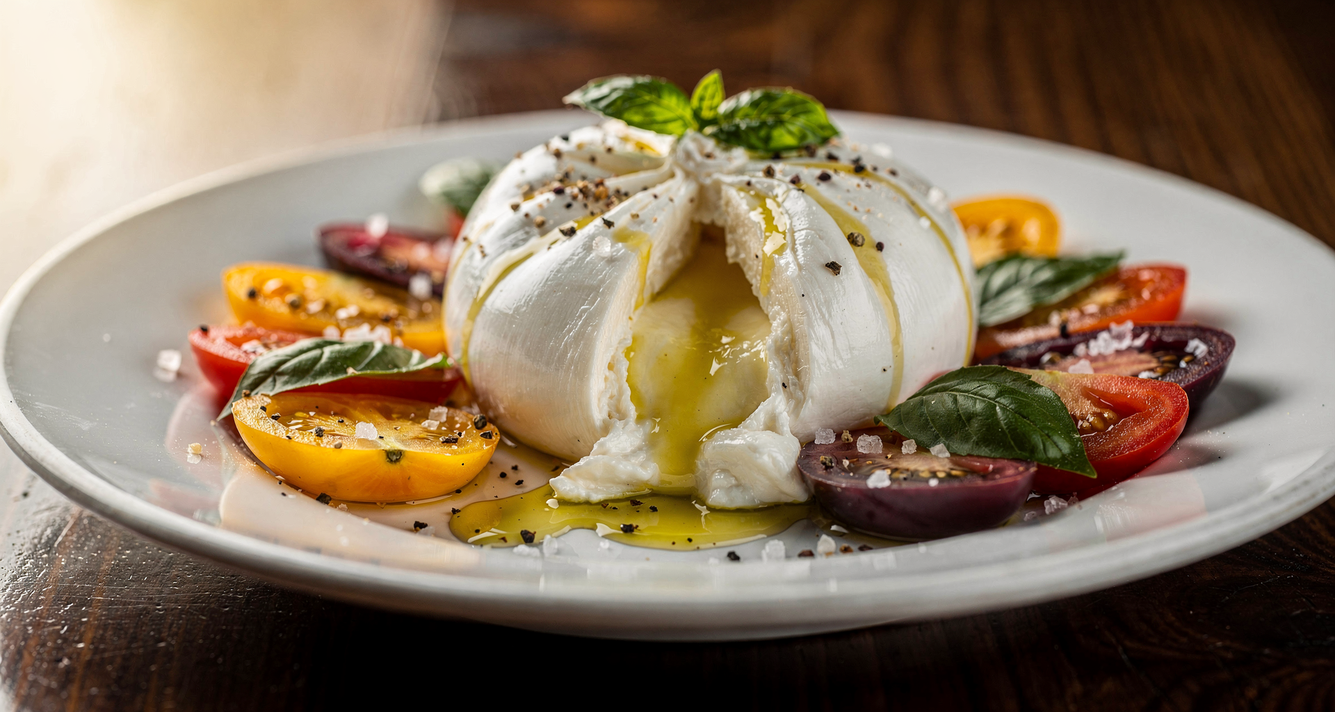 Fresh burrata cheese with sliced heirloom tomatoes and basil