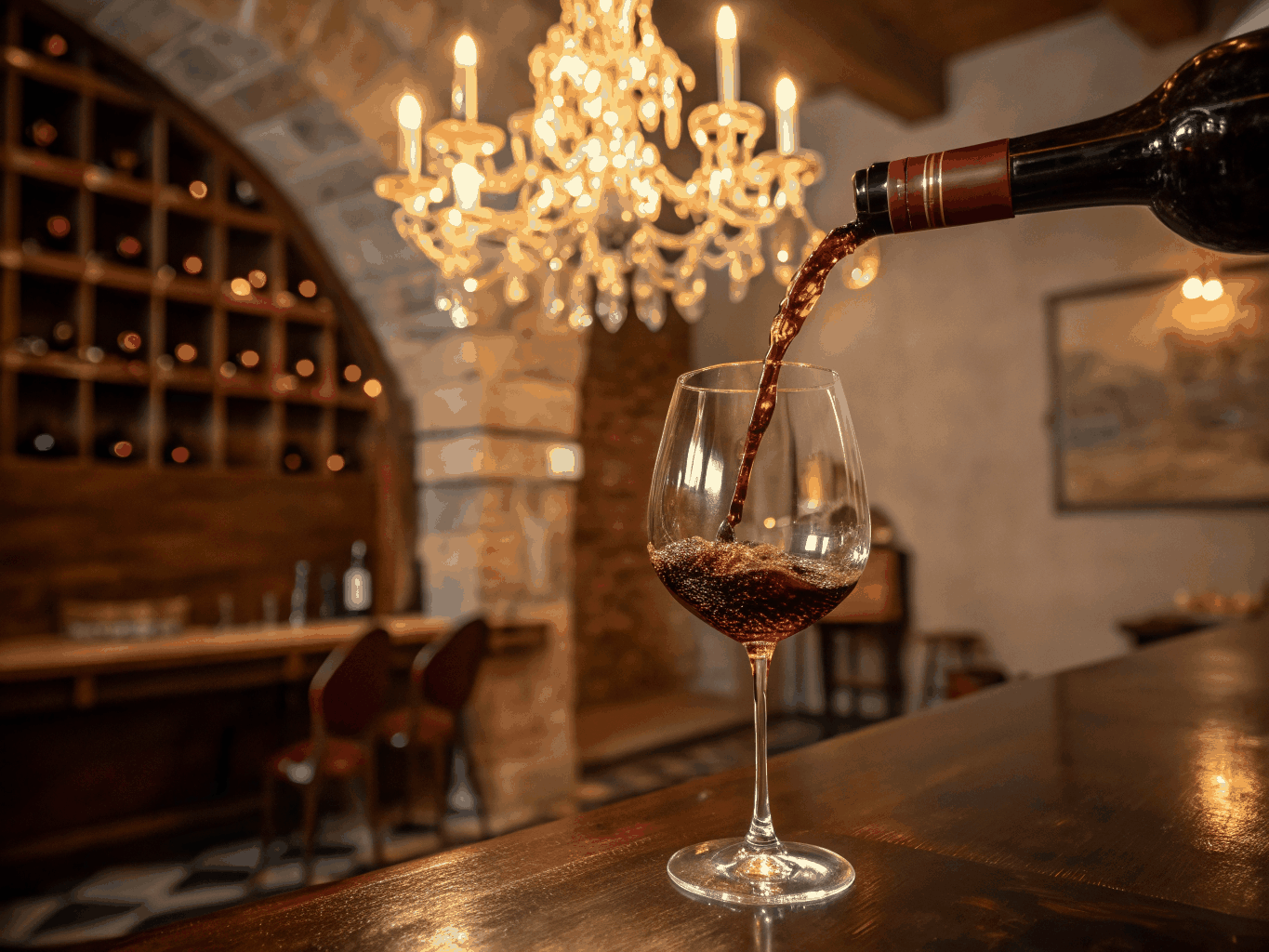 Deep red Chianti wine poured into crystal glass