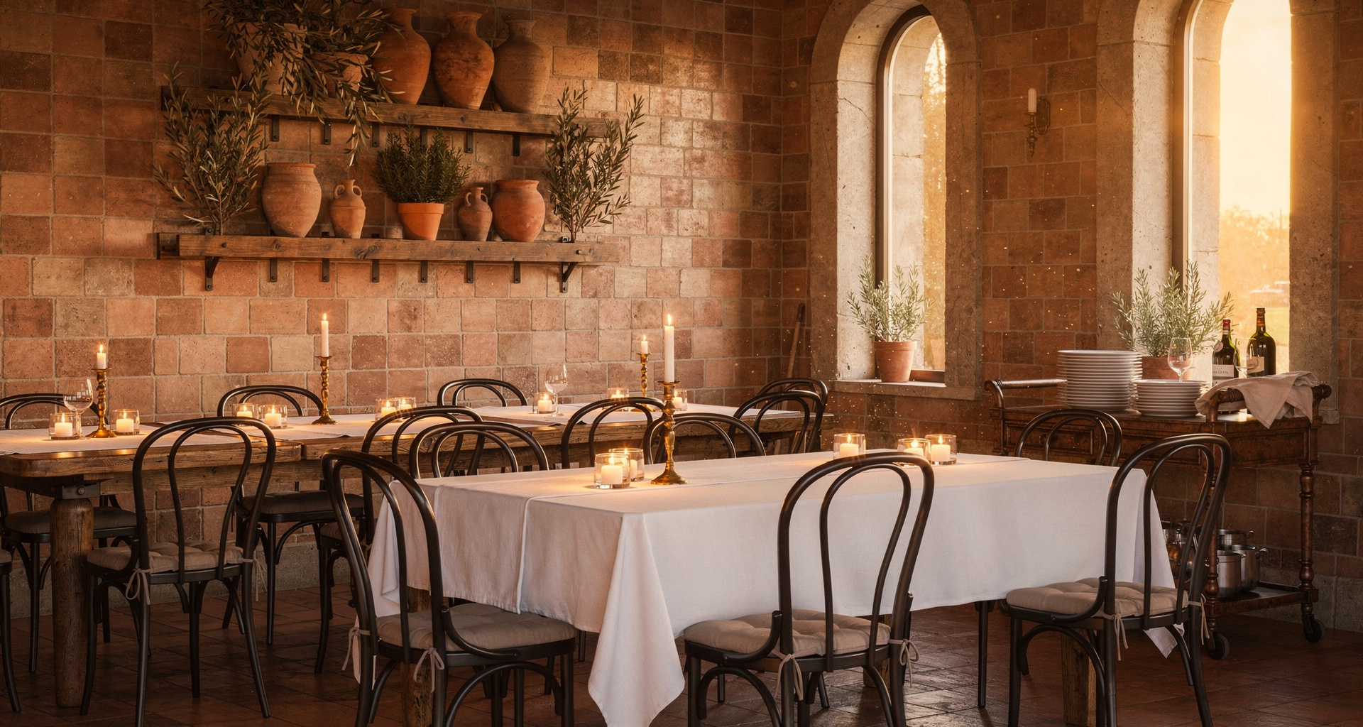 Candlelit dining tables in a warm, rustic Italian setting