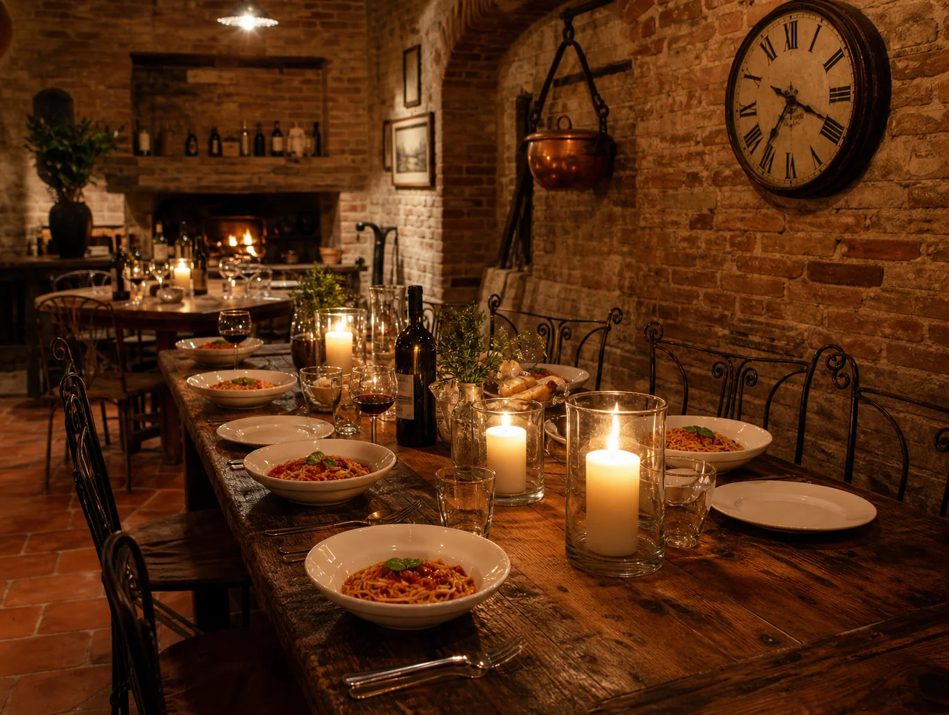 Cozy dining room with rustic stone walls and warm candlelit tables