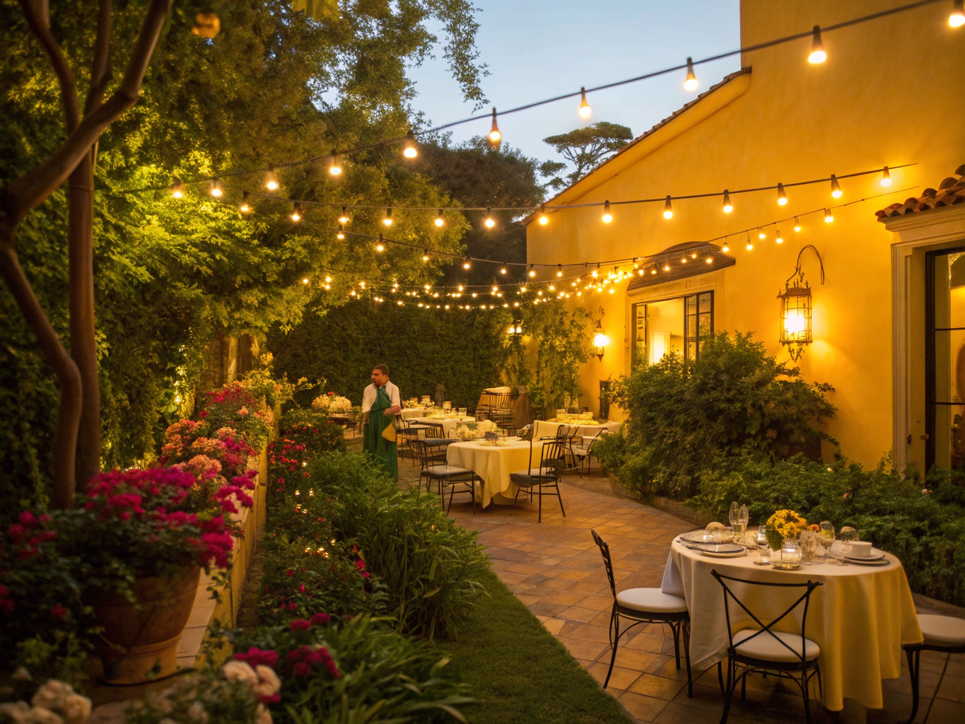 Outdoor garden terrace with lemon trees and soft glowing lights
