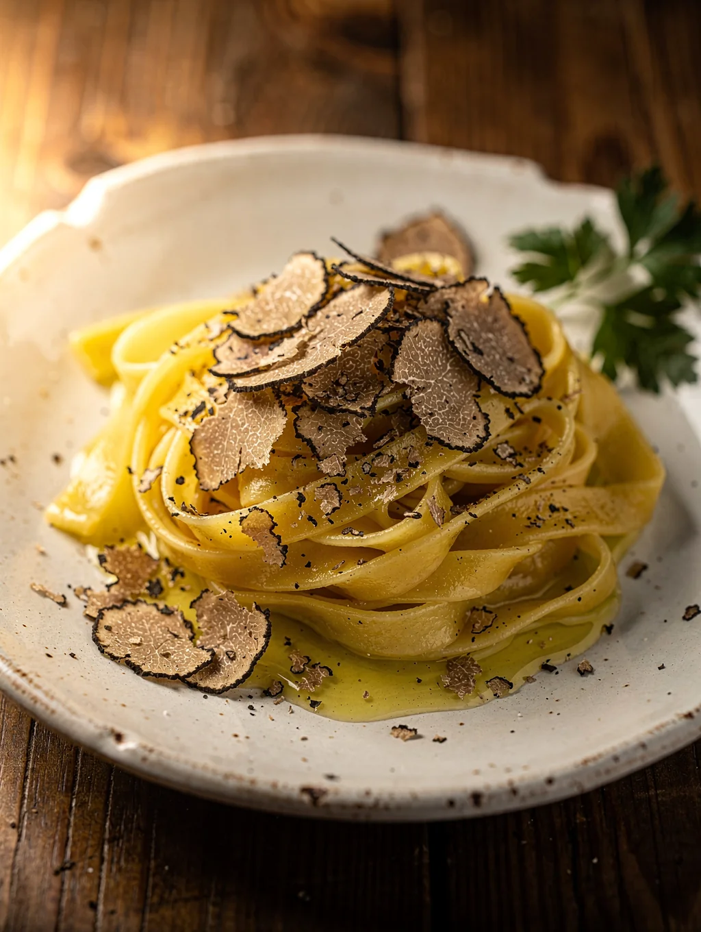 Freshly rolled tagliatelle with seasonal truffle shavings