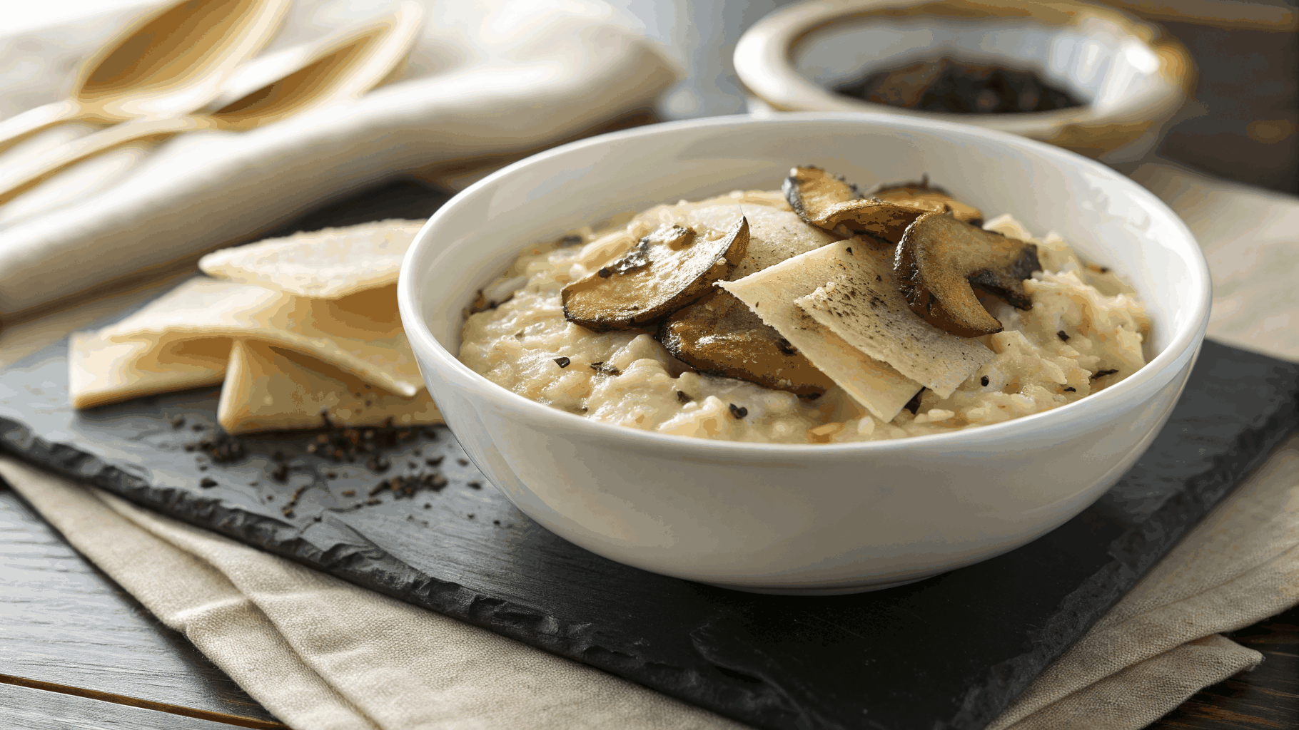 Creamy golden saffron risotto served in a shallow bowl