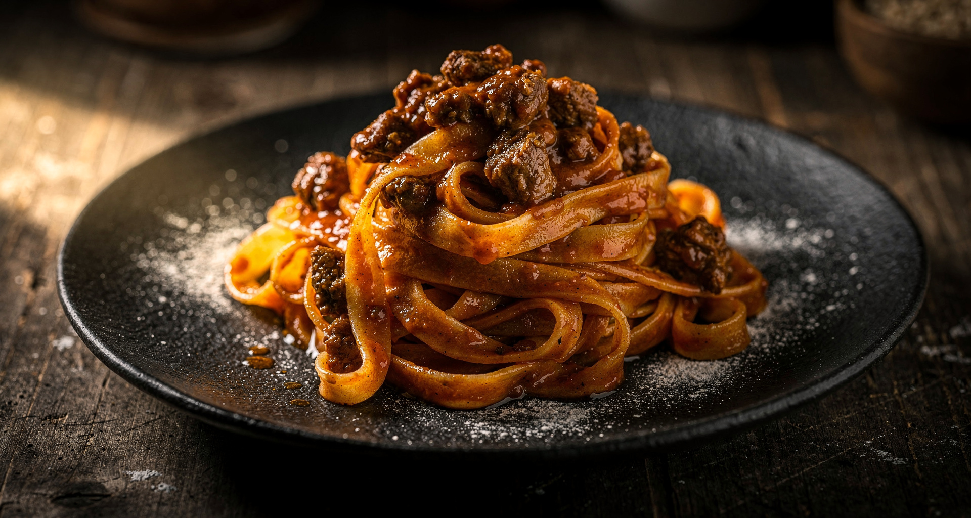 Hand-rolled tagliatelle pasta with rich beef ragu and parmesan