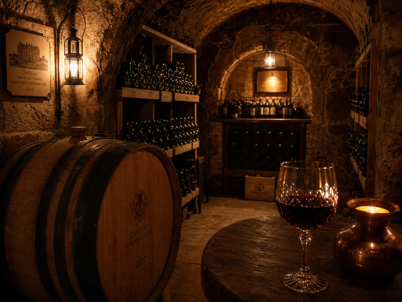 Stone vaulted wine cellar with rows of vintage bottles and soft lighting