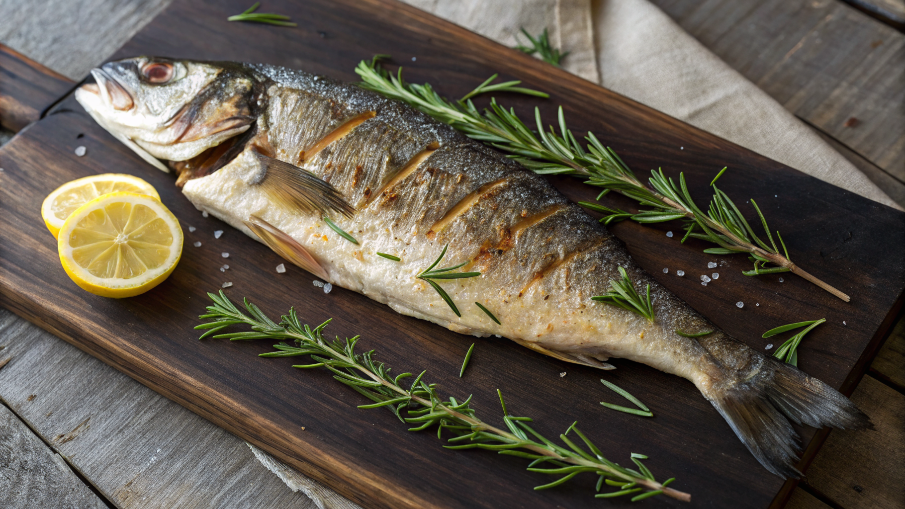 Whole roasted branzino with charred lemon and fresh herbs